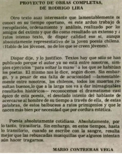 Proyecto de obras completas, de Rodrigo Lira  [artículo] Mario Contreras Vega.