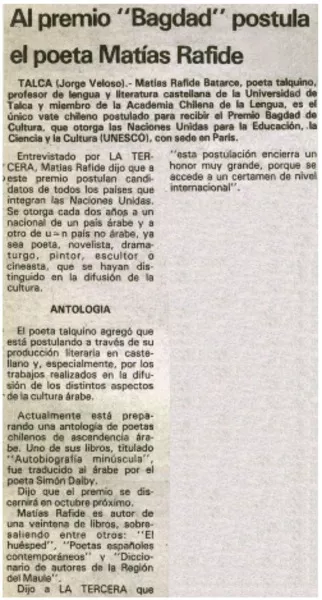 Al primero "Bagdad" postula el poeta Matías Rafide  [artículo] Jorge Veloso.