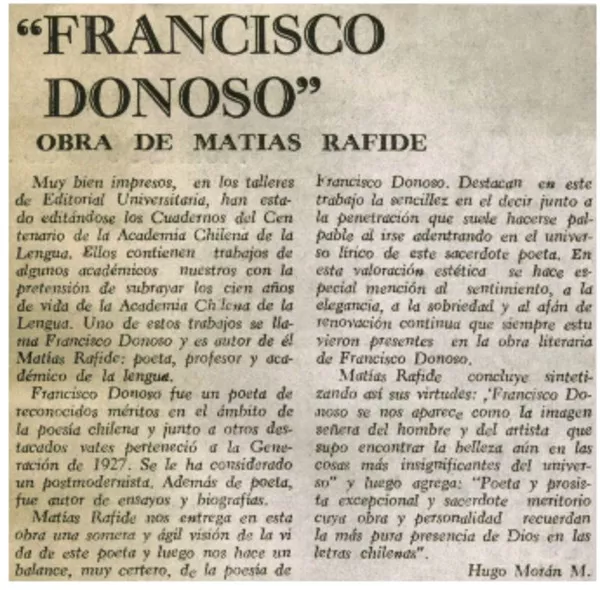 "Francisco Donoso"  [artículo] Hugo Morán M.