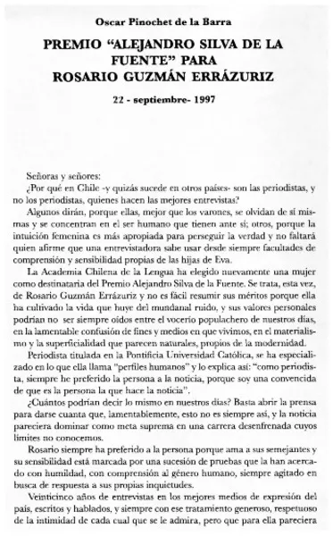 Premio "Alejandro Silva de la Fuente" para Rosario Guzmán Errázuriz  [artículo] Oscar Pinochet de la Barra.