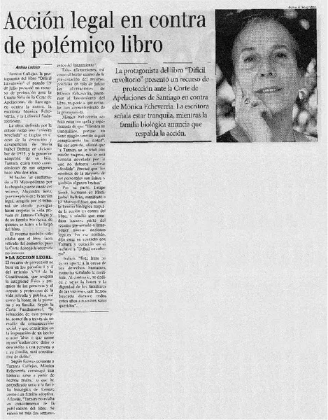 Acción legal en contra de polémico libro  [artículo] Andrea Loreiro.