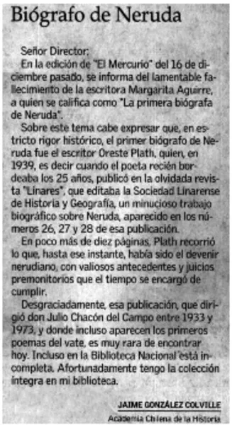 Biógrafo de Neruda  [artículo] Jaime González Colville.