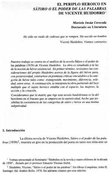 El periplo heroicoen Sátiro o el poder de las palabras de Vicente Huidobro  [artículo] Mariela Insúa Cereceda.