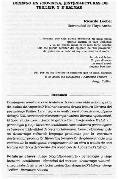 Domingo en provincia, (ENT)relecturas de Teillier y D'Halmar  [artículo] Ricardo Loebel.