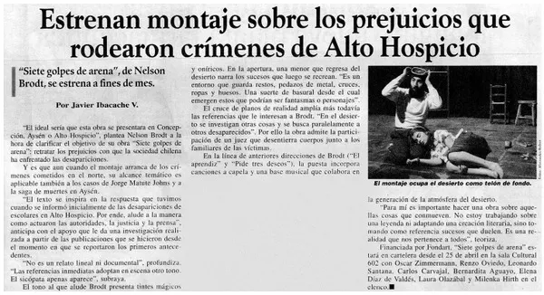 Estrenan montaje sobre los prejuicios que rodearon crímenes de Alto Hospicio  [artículo] Javier Ibacache V.