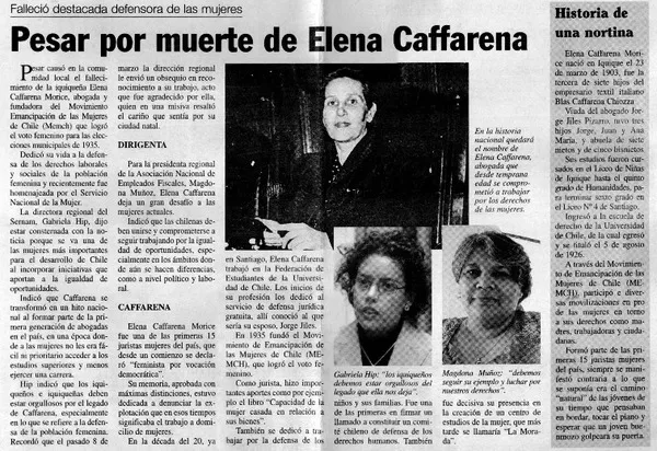 Pesar por muerte de Elena Caffarena.  [artículo]