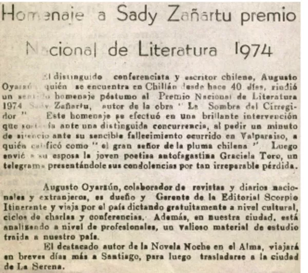 Homenaje a Sady Zañartu premio Nacional de Literatura 1974.  [artículo]