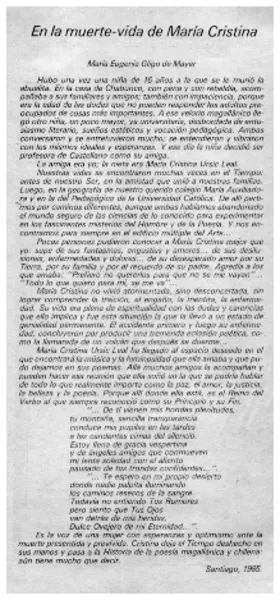 En la muerte-vida de María Cristina  [artículo] María Eugenia Gligo de Mayer.