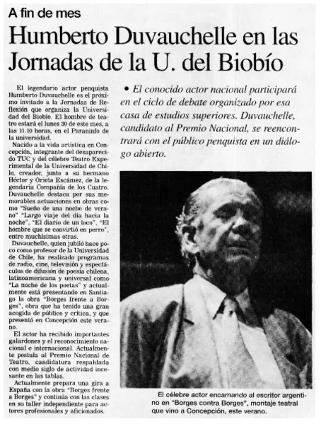 Humberto Duvauchelle en las jornadas de la U. del Biobío.  [artículo]