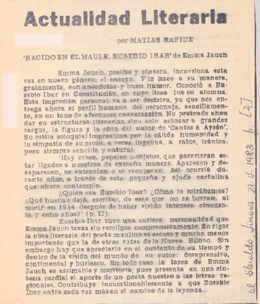 "Nacido en el Maule: Eusebio Ibar"  [artículo] Matías Rafide.