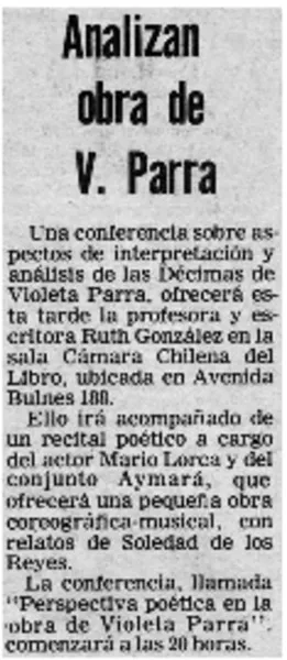 Violeta Parra cumple 65 años.  [artículo]