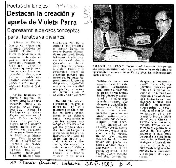 Destacan la creación y aporte de Violeta Parra  [artículo]