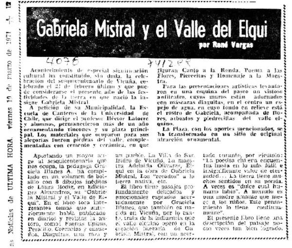 Gabriela Mistral y el Valle del Elqui  [artículo] René Vargas.