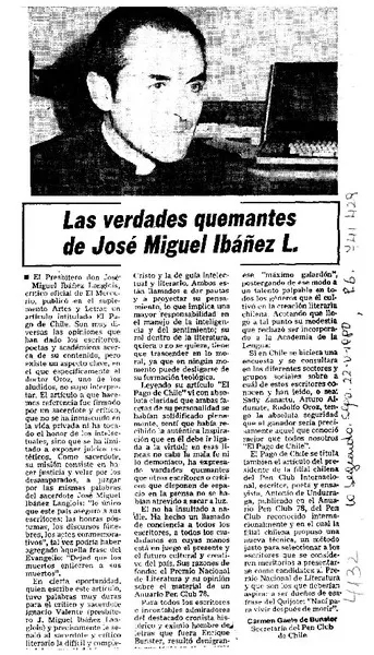 Las verdades quemantes de José Miguel Ibáñez L.  [artículo] Carmen Gaete de Bunster.