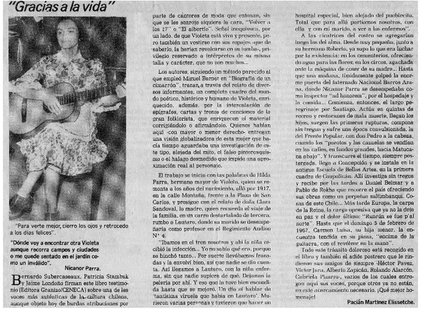 Gracias a la vida"  [artículo] Pacián Martínez Elissetche.