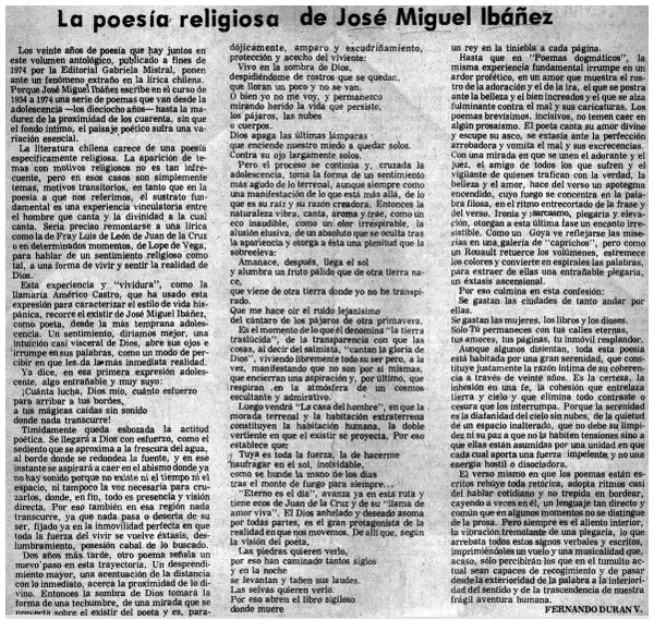 La poesía religiosa de José Miguel Ibáñez  [artículo] Fernando Durán V.