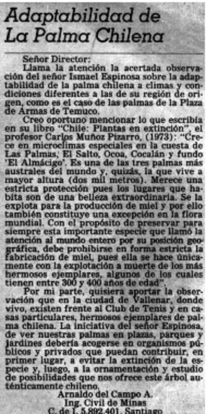 Adaptabilidad de La Palma Chilena  [artículo] Arnaldo del Campo A.