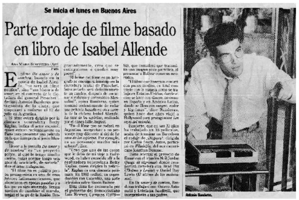 Parte rodaje de filme basado en libro de Isabel Allende  [artículo] Ana María Echeverría.