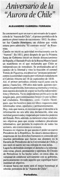 Aniversario de la Aurora de Chile  [artículo] Alejandro Cabrera Ferrada.