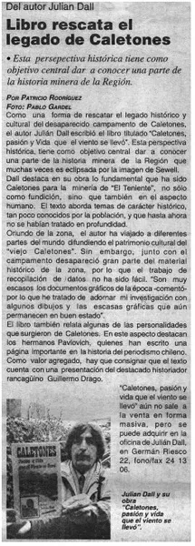 Libro descata el legado de caletones  [artículo] Patricio Rodríguez.
