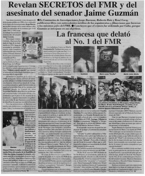 Revelan secretos del FMR y del asesinato del senador Jaime Guzmán.  [artículo]