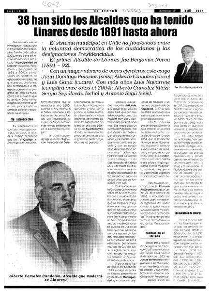 38 han sido los alcaldes que ha tenido Linares desde 1891 hasta ahora  [artículo] Raúl Balboa Ibáñez.