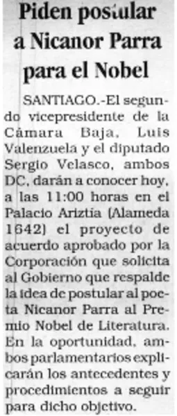 Piden postular a Nicanor Parra para el Nobel  [artículo]