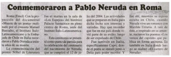 Conmemoraron a Pablo Neruda en Roma  [artículo]