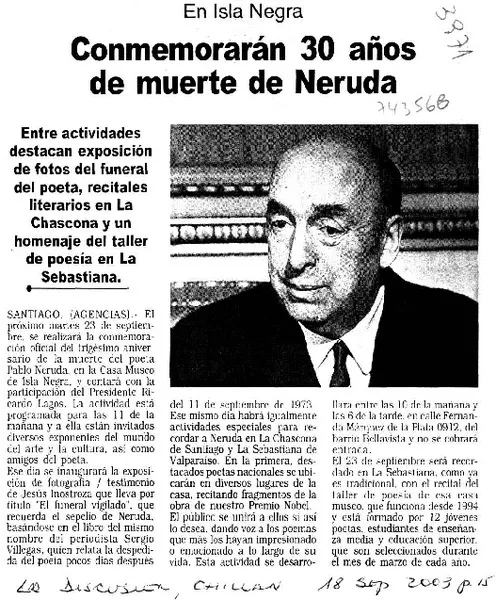 Conmemorarán 30 años de muerte de Neruda  [artículo]