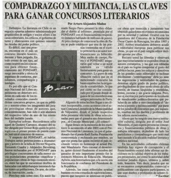 Compadrazgo y militancia, las claves para ganar concursos literarios  [artículo] Arturo Alejandro Muñoz.