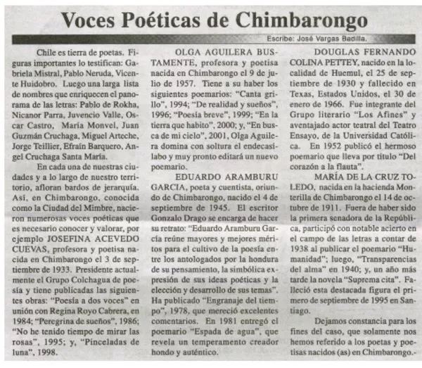 Voces poéticas de Chimbarongo  [artículo] José Vargas Badilla.