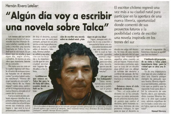 Algún día voy a escribir una novela sobre Talca (entrevista)  [artículo] Manuel Herrera.