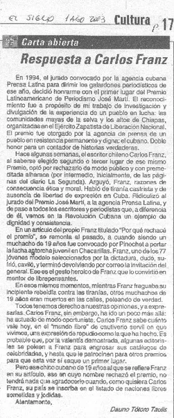 Respuesta a Carlos Franz carta abierta [artículo] : Dauno Tótoro Taulis.