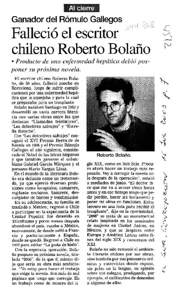 Falleció el escritor chileno Roberto Bolaño.  [artículo]