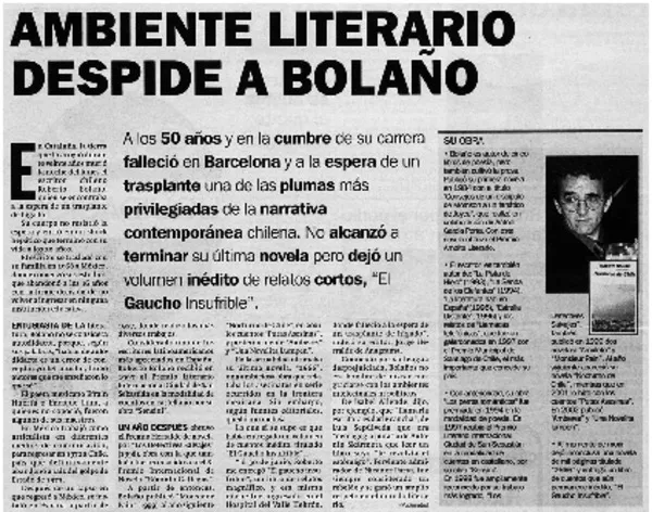 Ambiente literario despide a Bolaño.  [artículo]