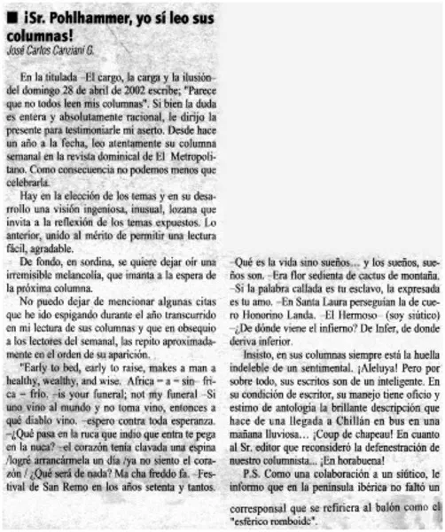 ¡Sr. Pohlhammer, yo sí leo sus columnas!  [artículo] José Carlos Canziani G.