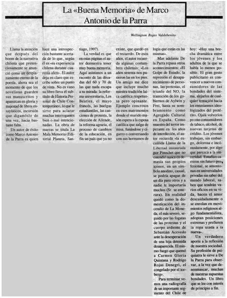 La buena memoria de Marco Antonio de la Parra  [artículo] Wellington Rojas Valdebenito.