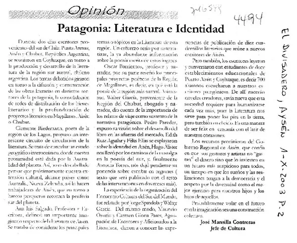 Patagonia, literatura e identidad  [artículo] José V. Mansilla Contreras.