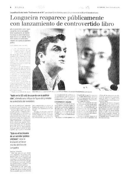 Longueira reaparece públicamente con lanzamiento de controvertido libro  [artículo] Pamela Olavarría y Mauricio Donoso.