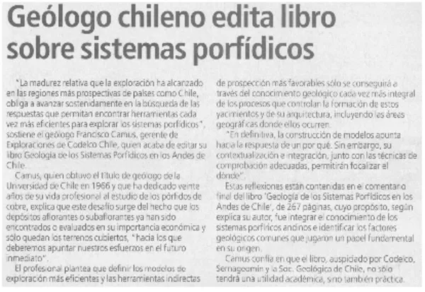 Geólogo chileno edita libro sobre sistemas porfídicos.  [artículo]