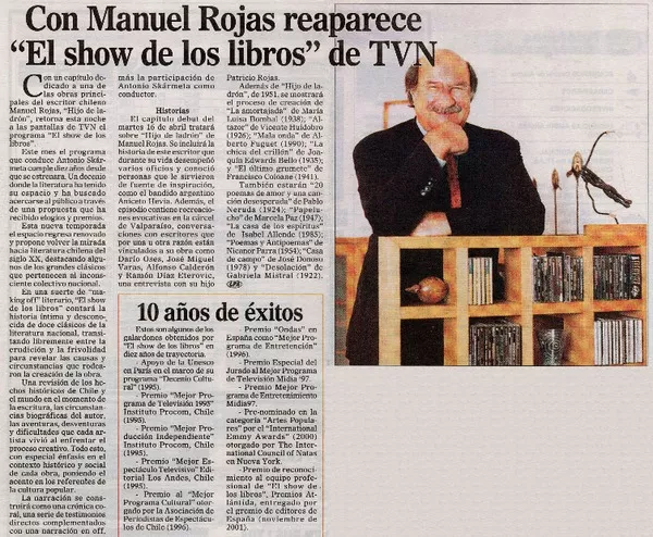 Con Manuel Rojas reaparece "El show de los libros" de tvn.  [artículo]