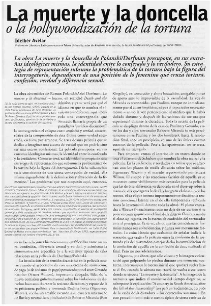 La muerte y la doncella o la hollywoodización de la tortura.  [artículo] Idelber Avelar.