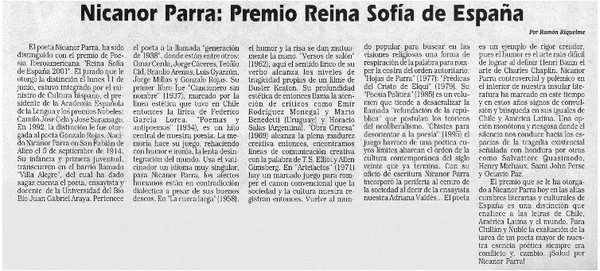 Nicanor Parra : Premio Reina Sofía de España  [artículo] Ramón Riquelme.