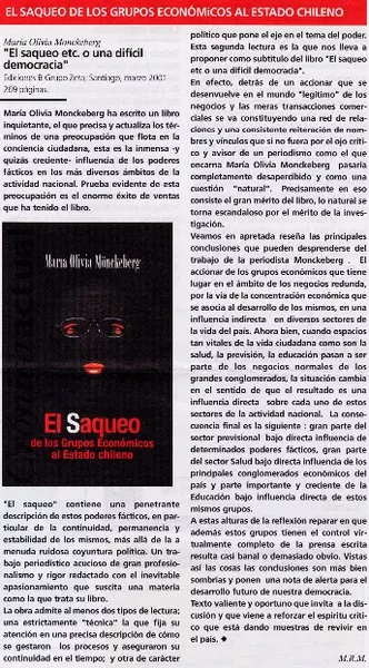 El saqueo etc. o una difícil democracia"  [artículo] M. R. M.