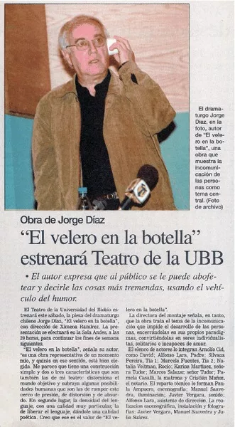 "El velero en la botella" estrenará Teatro de la UBB  [artículo]