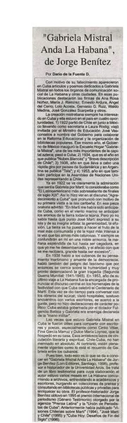 Gabriela Mistral anda La Habana", de Jorge Benítez  [artículo] Darío de la Fuente D.