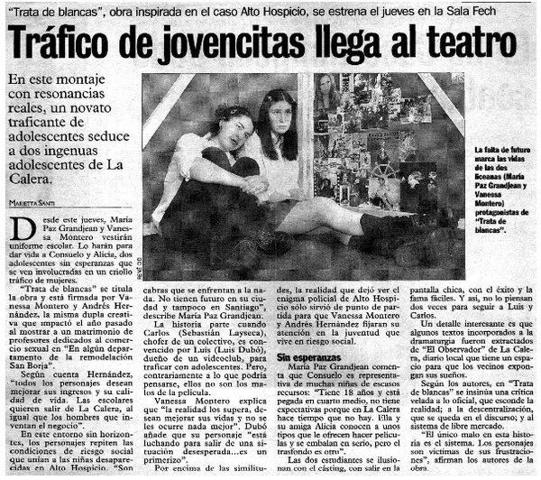 Tráfico de jovencitas llega al teatro  [artículo] Marietta Santi.
