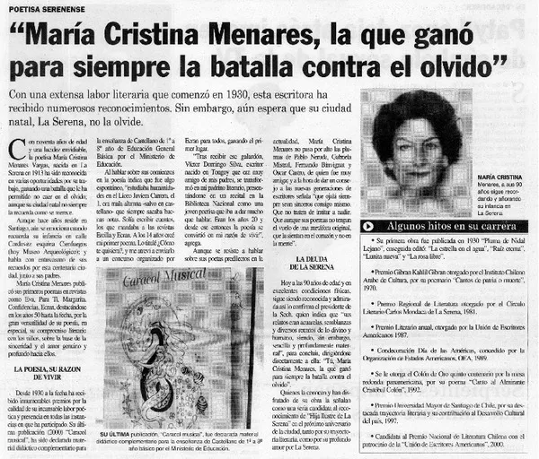 María Cristina Menares, la que ganó para siempre la batalla contra el olvido".  [artículo]