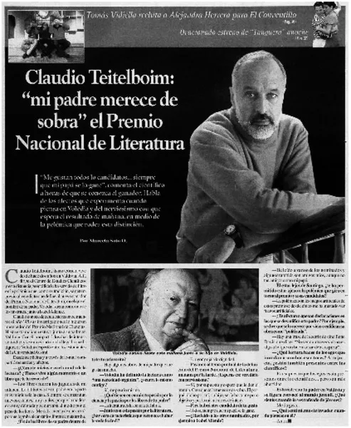 Claudio Teitelboim: "Mi padre merece de sobra" el Premio Nacional de Literatura  [artículo] Marcela Soto O.