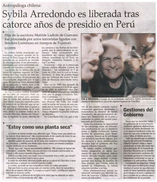 Sybila Arredondo es liberada tras catoce años de presidio en Perú  [artículo] Elia Simeone.